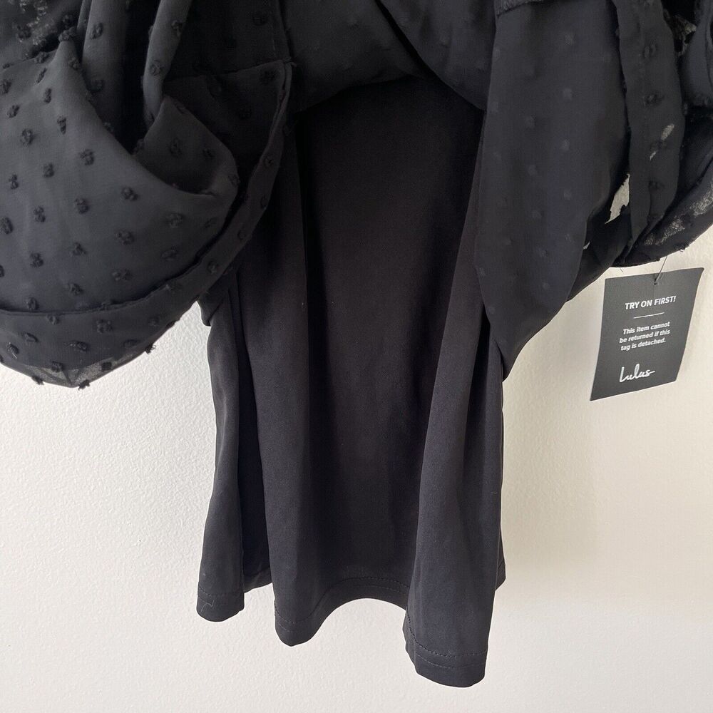 Lulus Black Swiss Dot Mini Wrap Dress - Medium - Picture 6 of 12